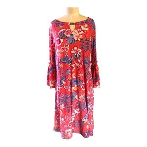 Allison Brittney Coral Floral Bell Sleeve Dress Medium